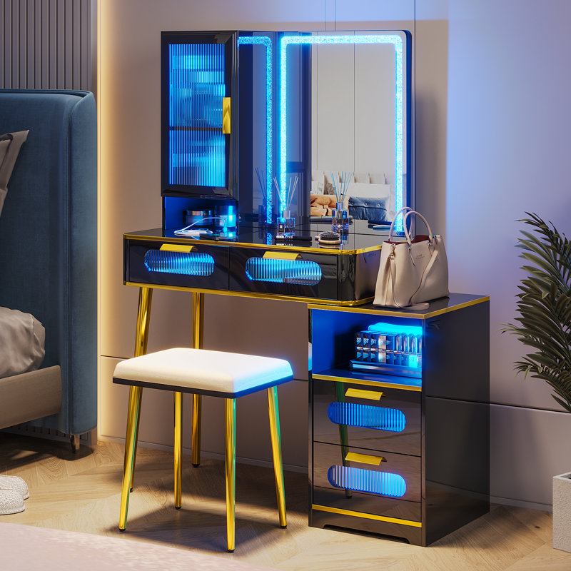 Mercer41 Nalaya Reversible & Adjustable Makeup Vanity with LED Lights